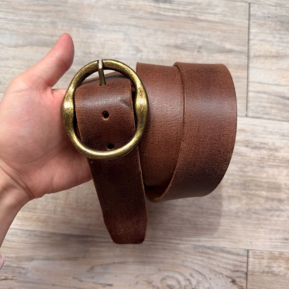Wide Brown Genuine Leather Belt Brass Round Buckle Boho Minimalist Size Large